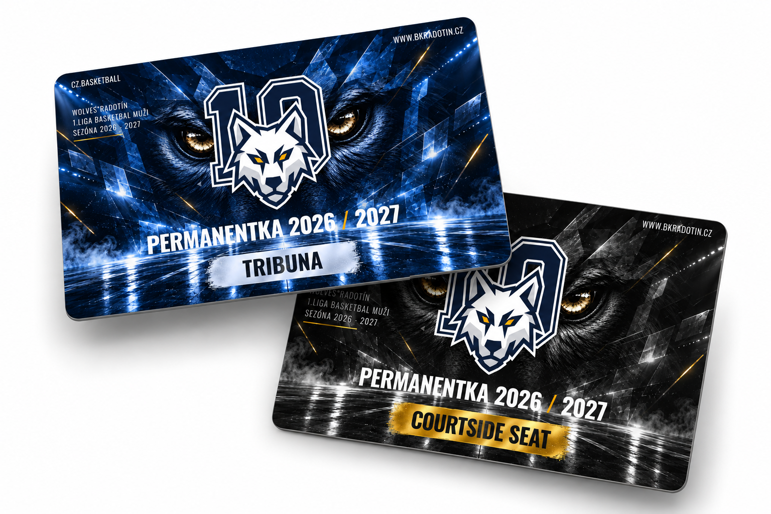 Modrá permanentka Tribuna a černá permanentka Courtside seat Wolves Radotín na sezonu 2026/27.